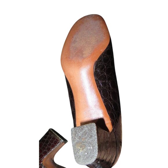 Antonelli Brown Croc Embossed Italian Leather Fringe Block Heeled Pumps size 7 - Picture 7 of 10